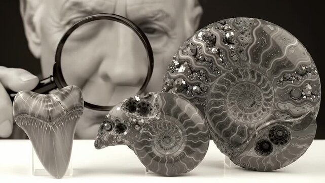 Sepia Toned Close Up of Elderly Man Examining Ancient Ammonite Fossils and Megalodon Shark Tooth with Magnifying Glass Displayed on White Table and Dark Background Scientific Exploration into
