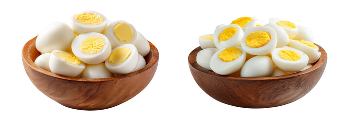 Set of many pieces of hard-boiled eggs arranged in a wooden bowl, isolated on transparent background.