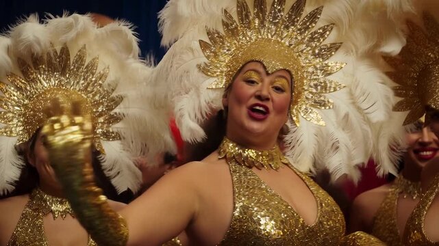 Performance, showgirls and dancers in gold costumes with feathers, stage celebration and entertainment in theater event or cabaret for glamour, sparkle and festive nightlife performance