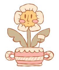 Cute Smiling Flower Pot. Hand drawn Cottage Garden Elements in soft Pastel colors. Cottagecore Aesthetic collection