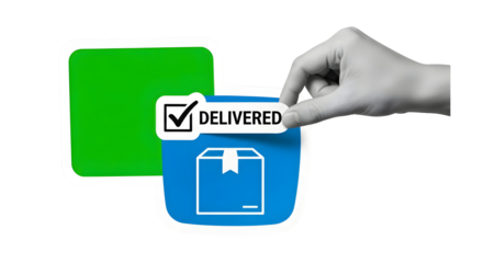 Delivered Package Confirmation: Hand Applying Sticker Icon for E-commerce Logistics Success