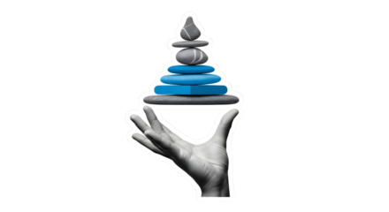 Balancing Act: Grayscale Hand Holding Stacked Stones with Blue Accents for Zen and Peace