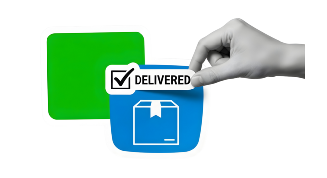 Delivered Package Confirmation: Hand Applying Sticker Icon for E-commerce Logistics Success