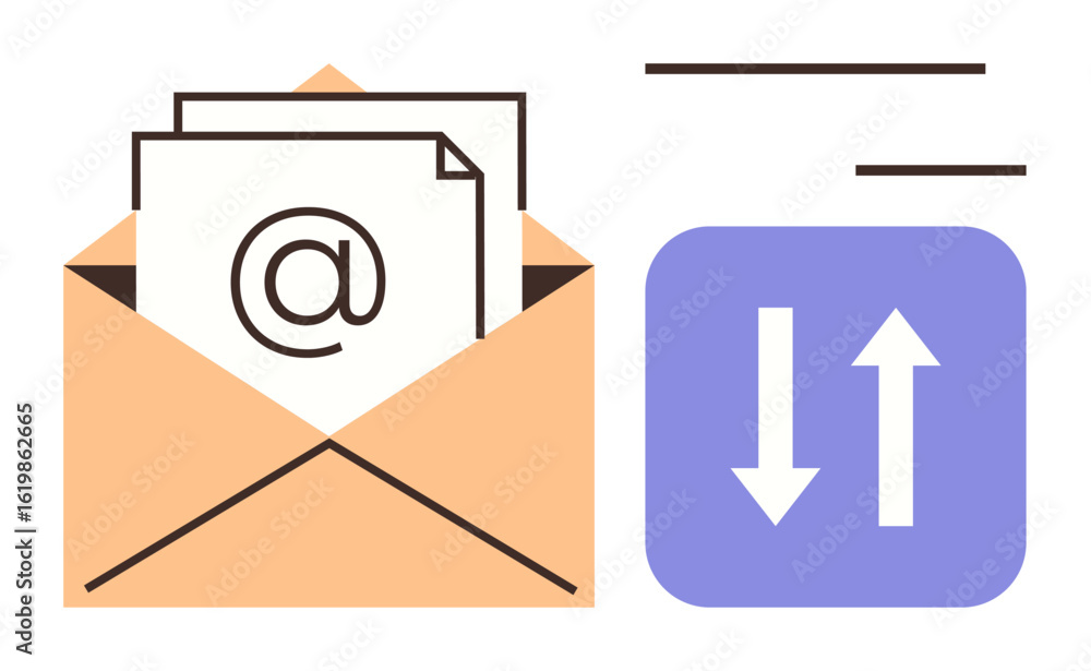 Poster open envelope with papers marked with an sign beside up and down arrows block. ideal for email, tech