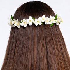 Naklejka premium Woman with Long Brown Hair and Jasmine Flower Crown.