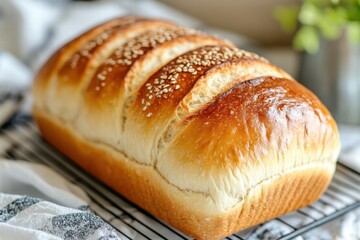 Homemade bread loaf with scored crust on rack