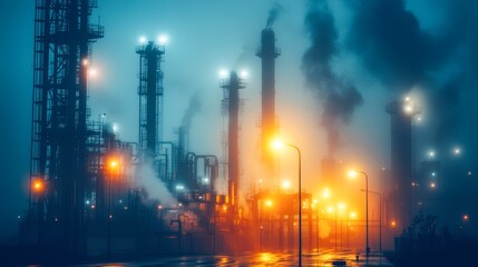Fototapeta premium A misty industrial landscape with towering smokestacks illuminated by orange and blue lights creates a dramatic atmosphere, Ideal for topics on pollution, energy, or urban development,