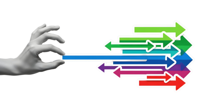 Guiding Success: Hand Aligning Colorful Arrows for Strategic Business Direction and Goals.