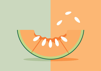 A minimalist illustration shows a fresh slice of cantaloupe melon with a bite taken out of it, set against a simple split-color background of sage green and soft orange.