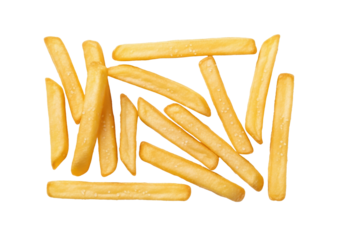 Multiple golden crispy french fries with visible salt crystals, artfully arranged on a transparent shadowless background, top-down view, inviting viewers with their perfect crispness, concept for food