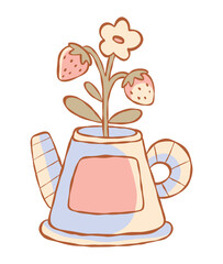 Cute Watering Can as Flowerpot with Strawberry Plant. Hand drawn Cottage Garden isolated Elements. Cottagecore Aesthetic collection