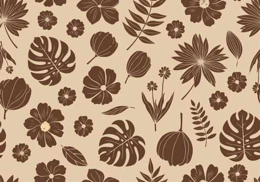 An elegant, batik-style seamless pattern showcases various tropical leaves and flowers in a sophisticated two-tone design of warm brown on a beige background.