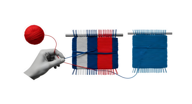 Artisan handcrafting a vibrant woven tapestry with red, white, and blue yarn pattern.