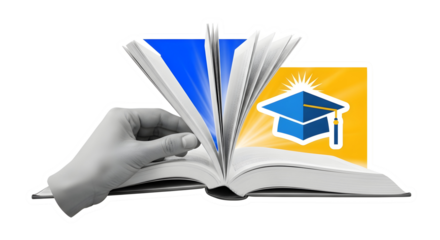 Unfolding Knowledge: Hand Turns Page in Open Book, Graduation Cap Symbolizes Education