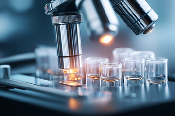 Microscope and test tubes in a science laboratory close-up

