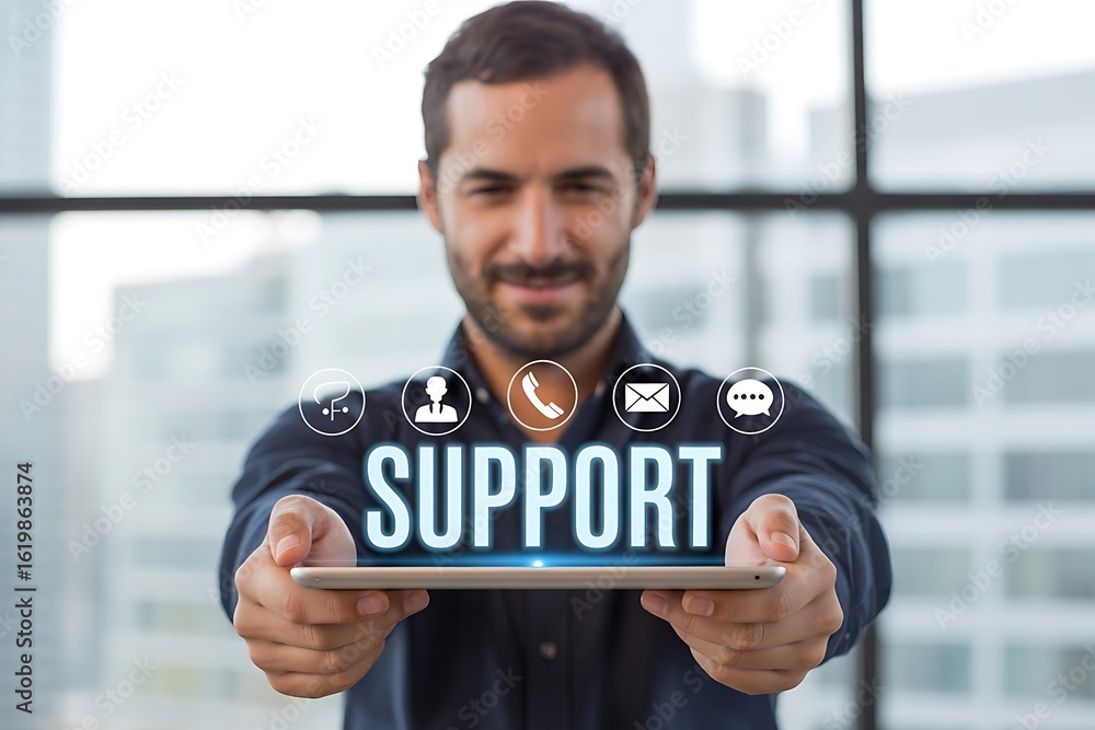 Poster man holding tablet displaying s u p o r t with communication icons and blurred office background dig