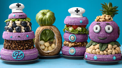 Four abstract colorful food pyramids merging into one harmonious structure, representing dietary synergy.