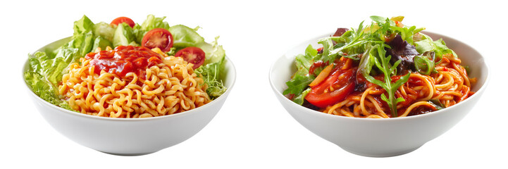  Set of noodles, tomato sauce and salad in a bowl, isolated on transparent background.
