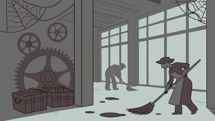 Workers diligently clean a dusty abandoned factory filled with cobwebs and large gears preparing it for a new purpose