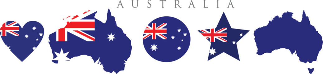 Australia flag and map set. Australia flag in official colours and proportions. independence day 26 January, map, circle, star and heart shaped Australia.