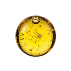 perfectly spherical golden yellow translucent viscous droplet with minuscule air bubbles suspended, isolated against a pristine transparent background with copy space, clean minimalist beauty product