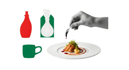 Exquisite gastronomy: Gourmet food presentation with Italian style design elements next to it.