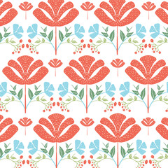 Mid-century modern floral seamless vector pattern in retro folk art style