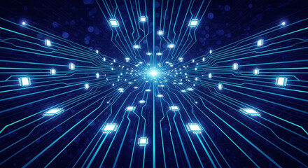 Naklejka premium Futuristic Glowing Circuit Board Background with Blue Neon Lines and Digital Tech Nodes on Dark Surface