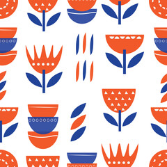 Mid-century modern floral seamless vector pattern in retro folk art style