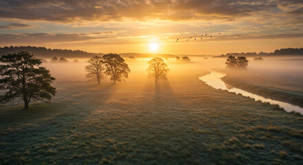 Nature Background Background sunrise landscape photography of misty field with trees and river aerial view image