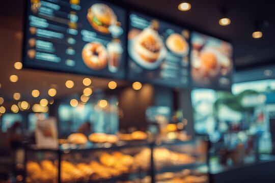 Blurred cafe interior with menu boards