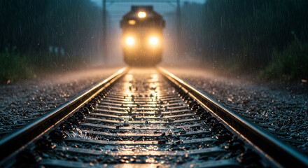 Nature Background Background train tracks in rain at night with lights, railroad transportation travel scenery view 90