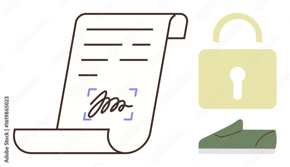 Poster handwritten signature on rolled document with highlighted area, secure lock, and fingerprint icon. i