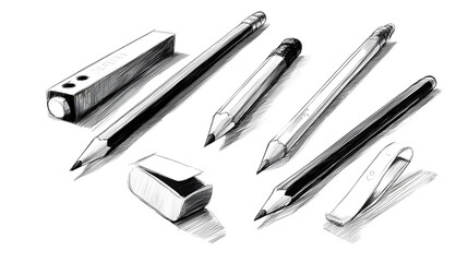   Hand-Drawn Sketch of Stationery Items in Industrial Design Style