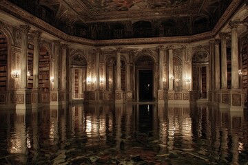 Grand, flooded library interior.  Rich, ornate, Baroque-style architecture.  Water reflects details