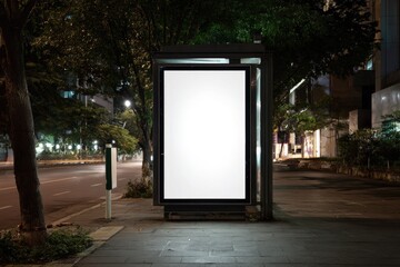 Illuminated blank billboard at night, city street