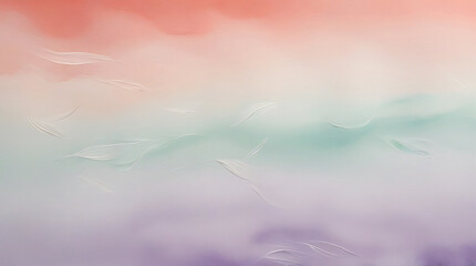 Abstract Watercolor Painting with Soft Blended Washes in Warm Peach, Coral, Pale Mint, and Lavender Tones, Textured Rough Paper Grain, Diagonal Gradient Composition, Serene and Ethereal Mood