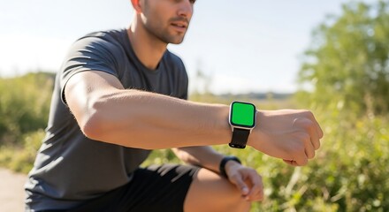 Young man checking a smartwatch with vibrant green screen during an outdoor fitness activity, highlighting modern wearable technology for health tracking and an active lifestyle.