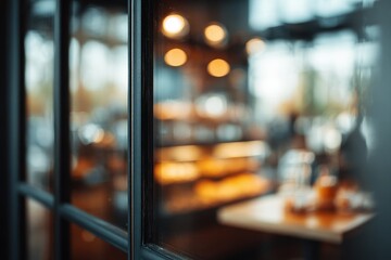 Blurred cafe view through dark window