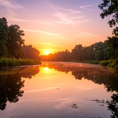 Obraz premium Serene sunrise over calm river, trees reflected in still water
