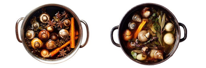 Set of pot of snail cooking broth, isolated on transparent background.