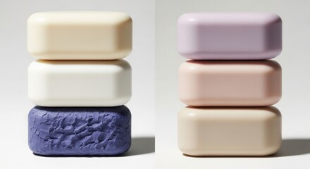 Two stacks of pastel colored artisanal soaps with rounded edges and one intricately carved bar on a clean white background