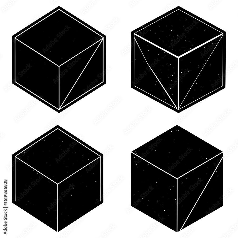 Poster isometric black cubes with white outlines and internal triangular divisions arranged in a square gri
