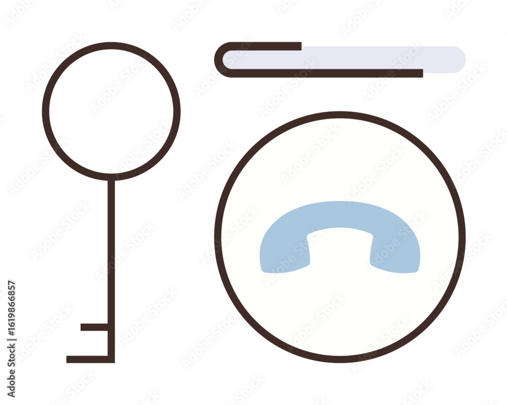 Poster flat, simple design of a key, phone receiver, and slider bar. ideal for security, access, communicat