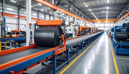 Obraz premium Industrial production line with black plastic rolls