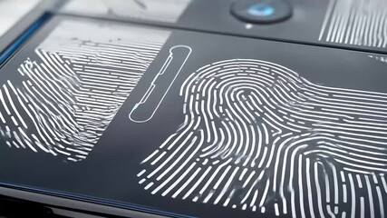 A cinematic animation shows a futuristic device scanning a 3D fingerprint, visualizing the process of biometric data analysis - Powered by Adobe