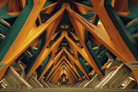 Geometric wooden tunnel, perspective view.  Intricate, colorful,  triangular beams form a  symmetrical,  futuristic pathway