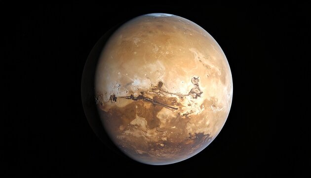 Textured planet with icy poles and rocky surface floating in deep space.