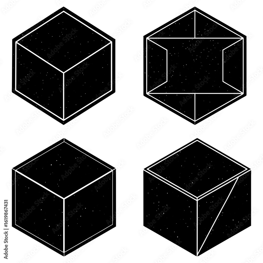 Poster four isometric cube illustrations with varying internal designs displayed on a white background spac
