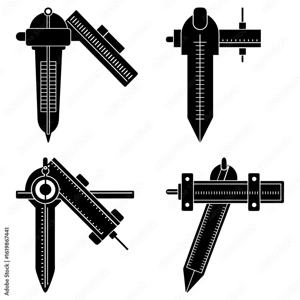 Poster four black and white illustrations showing different views of an inside caliper tool design layout